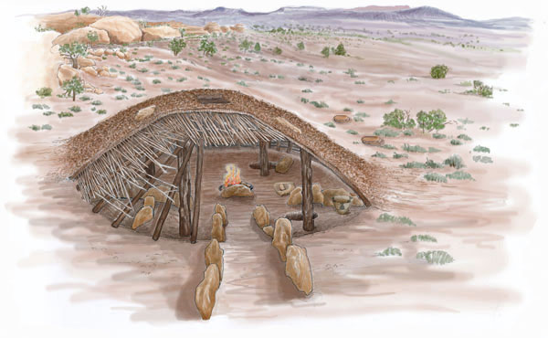 Basketmaker II pithouse. Illustration by Joyce Heuman Kramer; copyright Crow Canyon Archaeological Center.