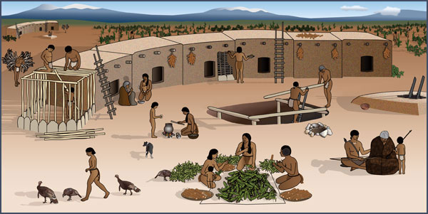 Pueblo I farmstead. Courtesy of the Bureau of Land Management, Anasazi Heritage Center, based on original artwork by Theresa Breznau, Living Earth Studios.