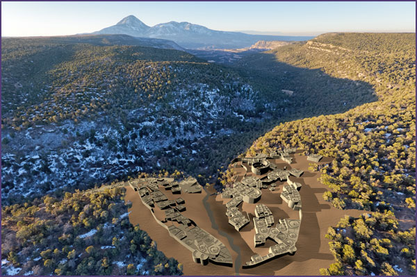 Three-dimensional reconstruction of Sand Canyon Pueblo on the landscape. Reconstruction by Dennis R. Holloway, Architect; aerial photo by Adriel Heisey.