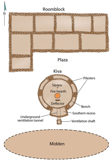 Map of early Pueblo III farmstead. Illustration by Joyce Heuman Kramer; copyright Crow Canyon Archaeological Center.