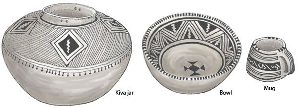 Pueblo III white ware pottery. Pen-and-ink drawing by Lee R. Schmidlap, Jr.