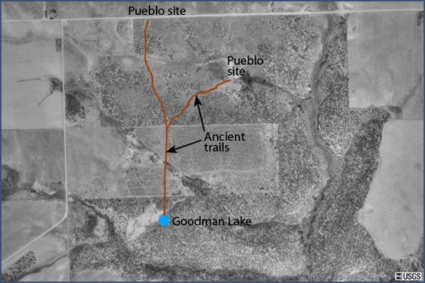 Ancient trails leading to Goodman Lake. Aerial photo courtesy of the USGS; trails, lake, and site information added by Kristin Kuckelman, Crow Canyon Archaeological Center.