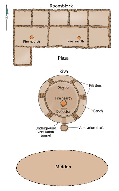 Map of Pueblo II farmstead. Illustration by Joyce Heuman Kramer; copyright Crow Canyon Archaeological Center.