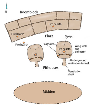 Map of Pueblo I farmstead. Illustration by Joyce Heuman Kramer; copyright Crow Canyon Archaeological Center.