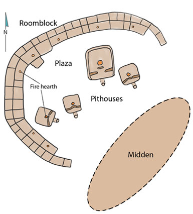 Map of Pueblo I village. Illustration by Joyce Heuman Kramer; copyright Crow Canyon Archaeological Center. Adapted from Bureau of Reclamation map.