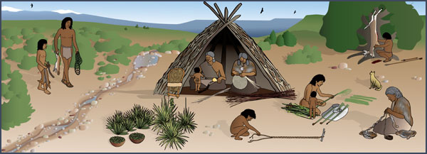 Archaic camp. Courtesy of the Bureau of Land Management, Anasazi Heritage Center, based on original artwork by Theresa Breznau, Living Earth Studios.