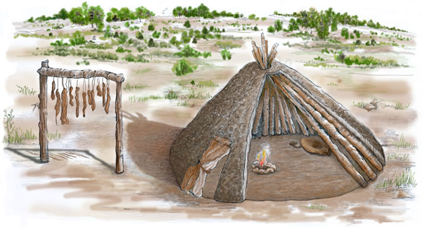 Archaic house and food-drying rack. Illustration by Joyce Heuman Kramer; copyright Crow Canyon Archaeological Center.