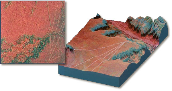 Chaco roads. NASA photograph and model at www.ghcc.msfc.nasa.gov/archeology/chaco_compare.html (Web page by Tom Sever).