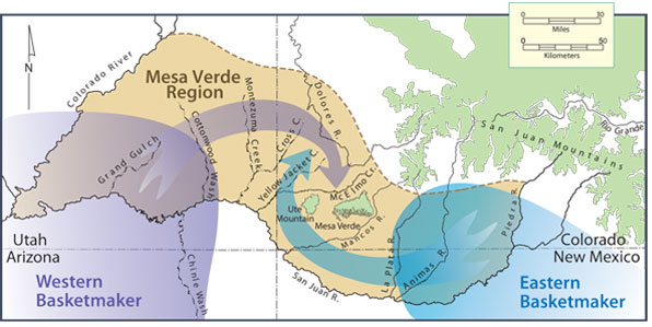 Migration of Basketmaker peoples into the central Mesa Verde region, Basketmaker III period. Map by Neal Morris and Joyce Heuman Kramer; copyright Crow Canyon Archaeological Center.