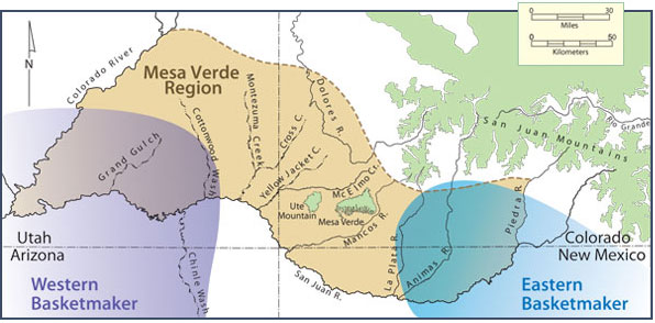 Western and Eastern Basketmaker ranges, Basketmaker II period. Map by Neal Morris and Joyce Heuman Kramer; copyright Crow Canyon Archaeological Center.