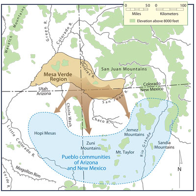 Migration of Pueblo people from the Mesa Verde region to pueblos in Arizona and New Mexico, late Pueblo III period. Map by Neal Morris; copyright Crow Canyon Archaeological Center.