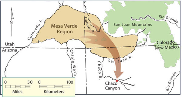 Migration of Pueblo people from the Mesa Verde region to the Chaco region, late Pueblo I period. Map by Neal Morris and Joyce Heuman Kramer; copyright Crow Canyon Archaeological Center.