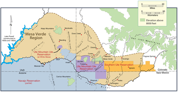 American Indian reservations in the Mesa Verde region. Map by Neal Morris; copyright Crow Canyon Archaeological Center.