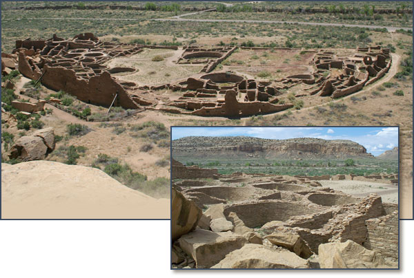 Pueblo Bonito. Large photo by Sam Fee, inset by Dan Mooney; copyright Crow Canyon Archaeological Center.